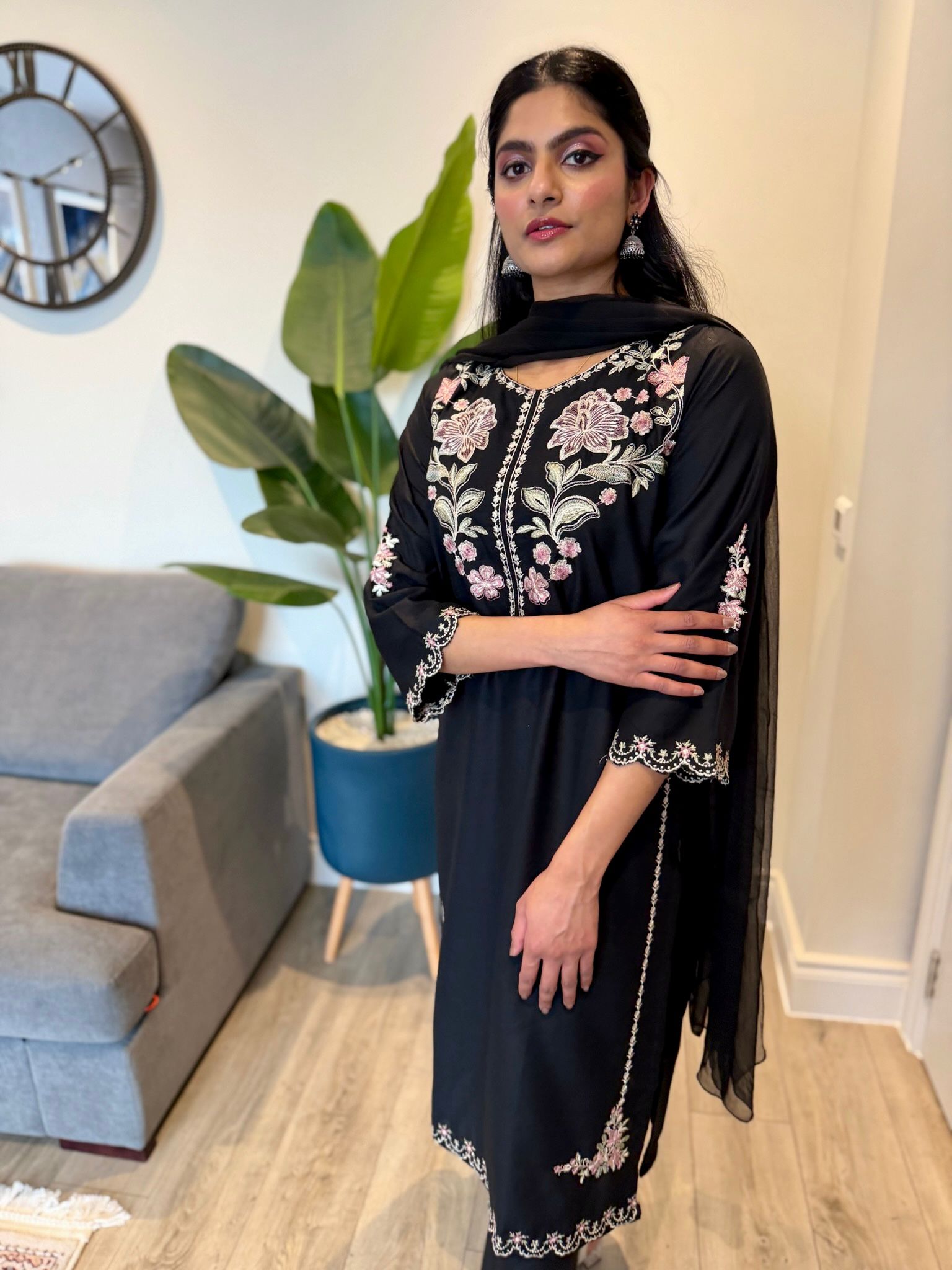 3 Piece Black Embroidered