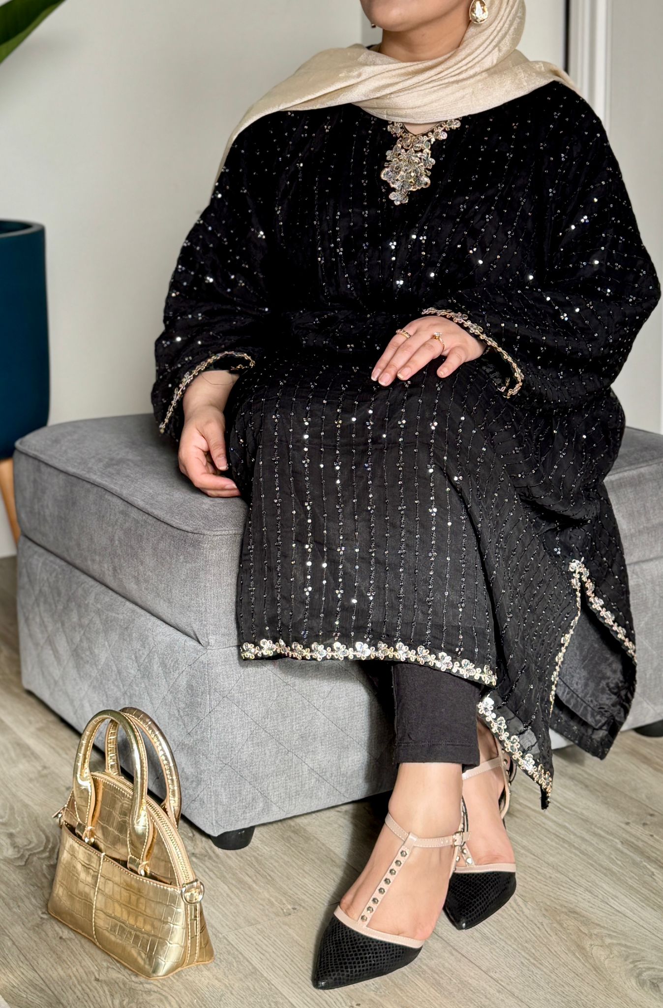 One Piece Black Chiffon Kaftan - (slip stitched inside)