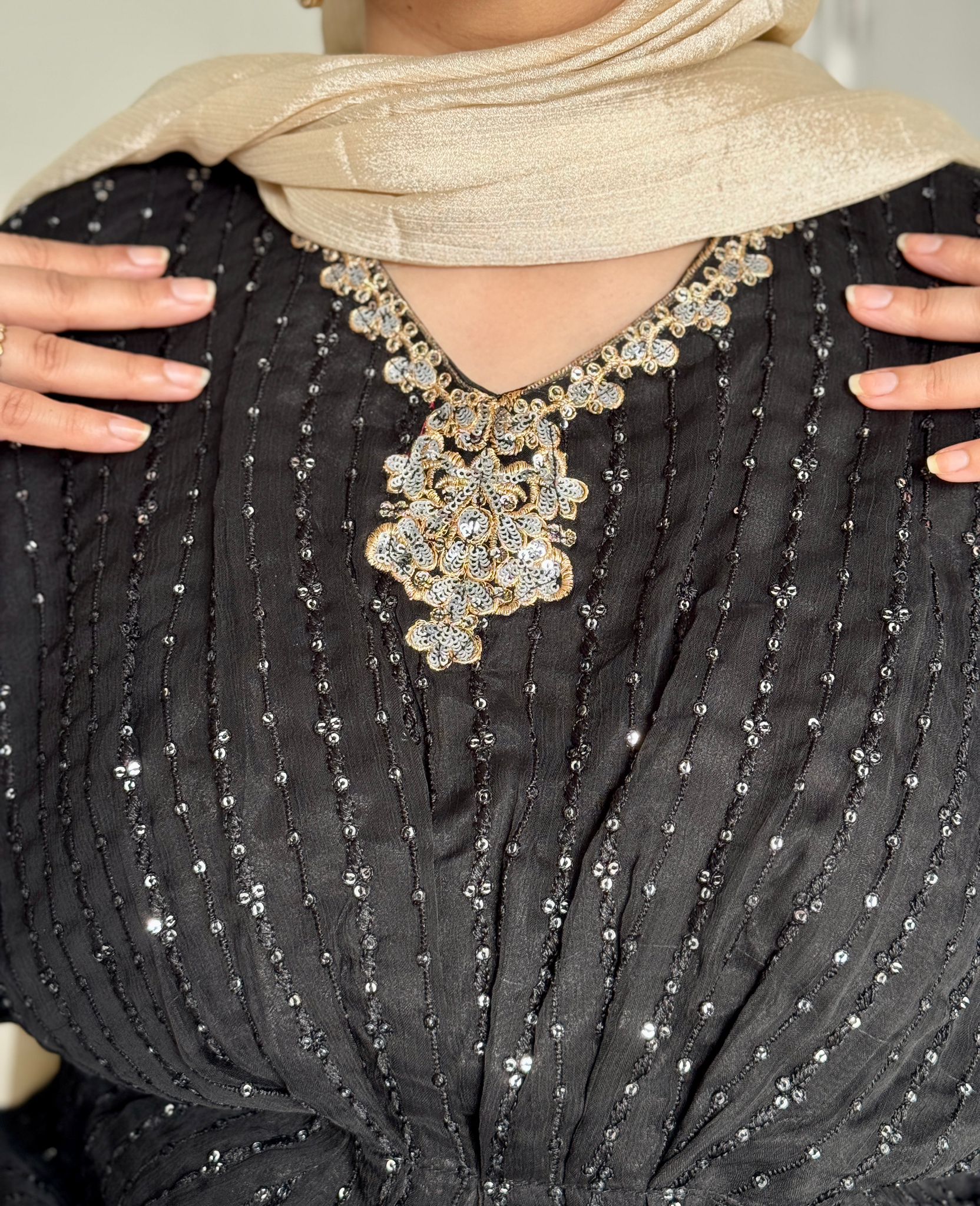 One Piece Black Chiffon Kaftan - (slip stitched inside)