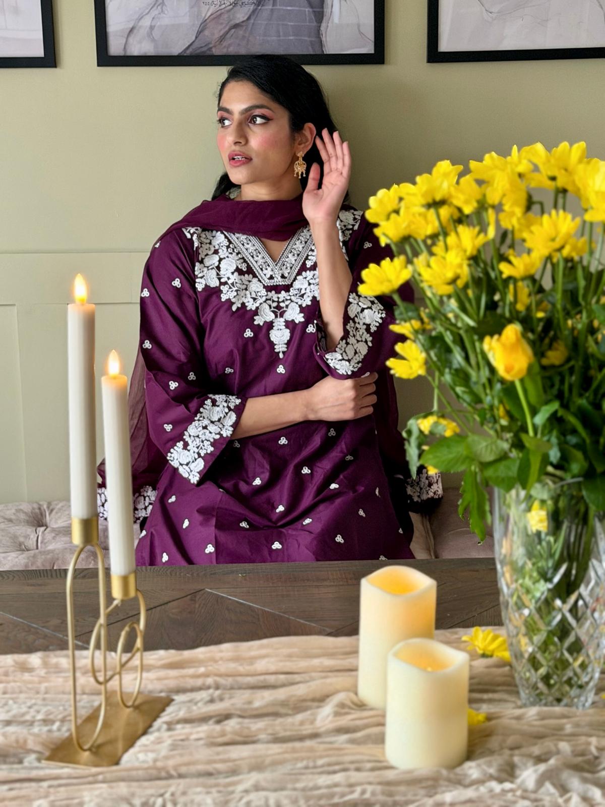 3 Piece Purple embroidered Suit