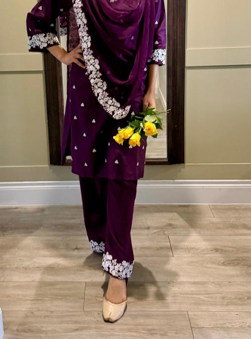 3 Piece Purple embroidered Suit